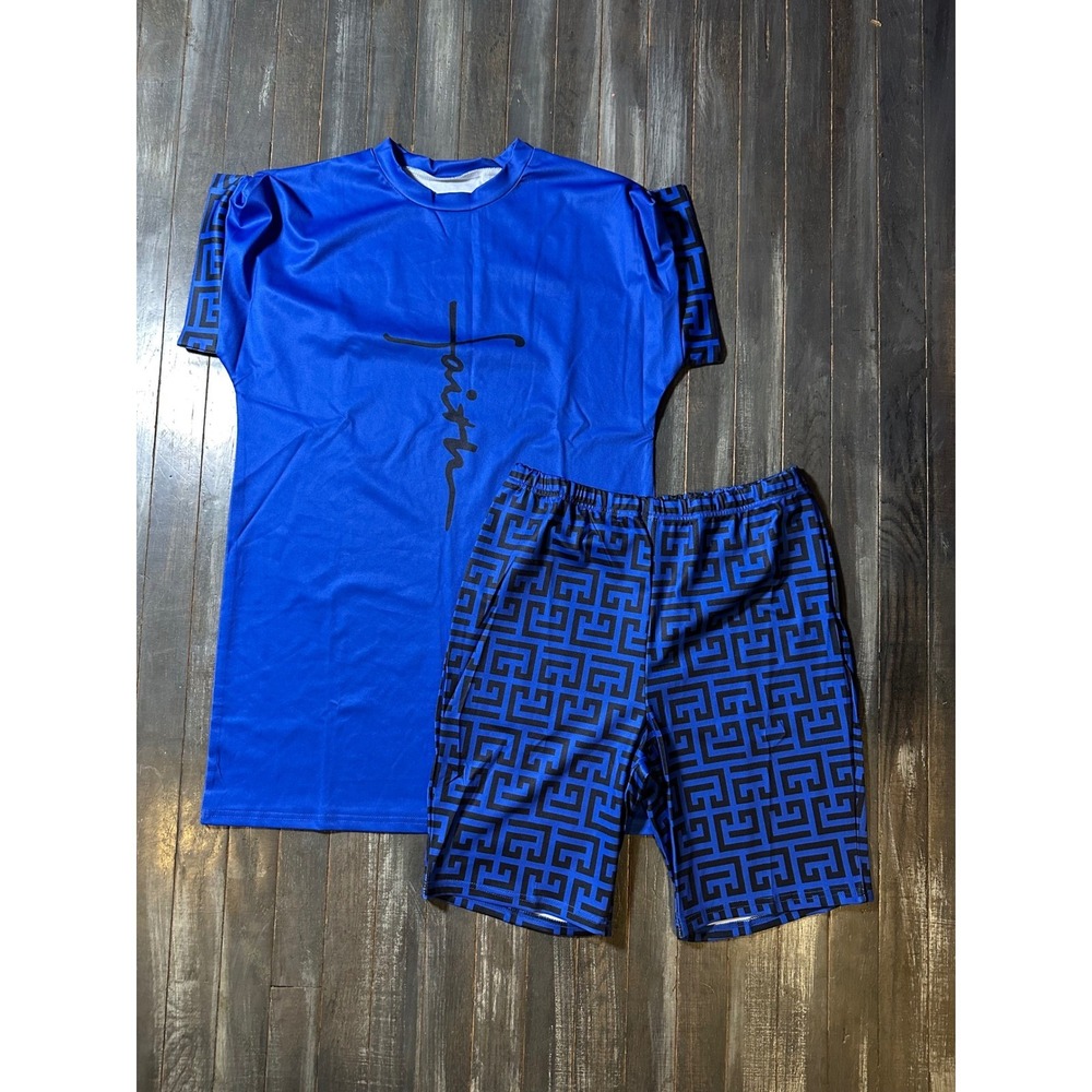 Womens Royal Blue Faith Cross Graphic Top‎ and Greek Key Biker Shorts Set